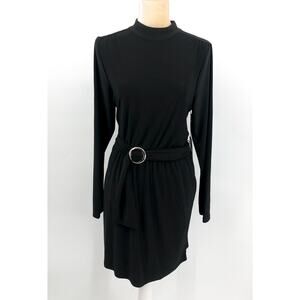 HALOGEN Women's Long Sleeve Ring Belted Dress Large Rich Black Jersey NWT